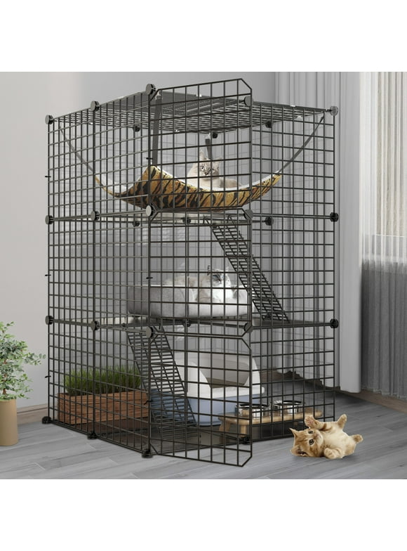Dextrus Indoor Cat Cage - DIY Cat Enclosures Metal Playpen with 3 Tiers, Extra Large Hammock, and Sturdy Design