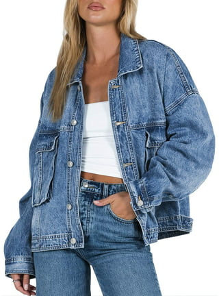 Women Denim Jacket Oversized Casual Button Up Boxy Jean Jackets Drop  Shoulder Long Sleeve Trucker Coat with Pocket