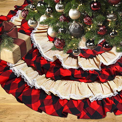 Large 36 Inches Xmas Tree Mat Traditional Christmas Snowflake Plaid Tree Skirt Mat for Xmas Holiday Party Ornaments Tree Dress Tree Cover Xmas Home Decor Red Elk Christmas Non-woven Fabric Tree Skirts Christmas Tree Skirt Christmas Decoration