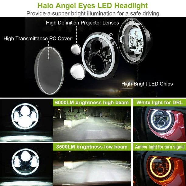 LED Conduite 7 pouces Phare Rond, Phare LED Rond Halo Angle Yeux