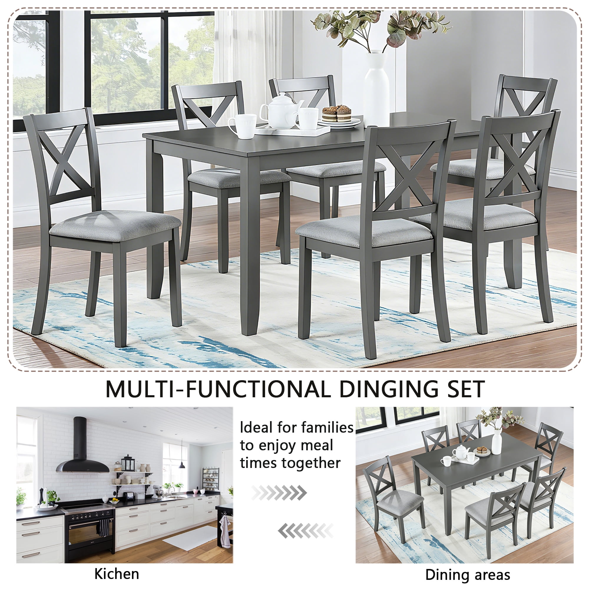 7 Piece Dining Set for 6, 58.5" Rectangular Dining Table with 6 Upholstered Chairs