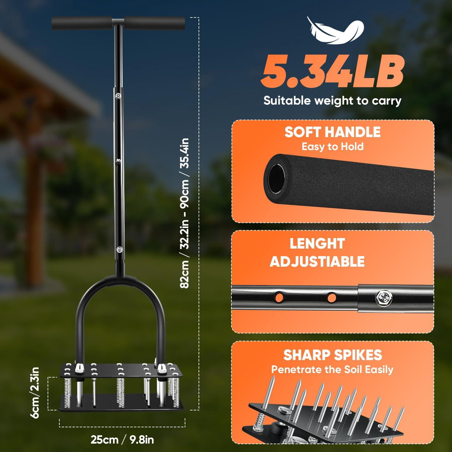 Manual Lawn Aerator Tool With 15 Iron Spikes Adjustable Height  Double-layer Spring Heavy-duty Gloves For Loosening Soil Aerating Patio Yard Garden Black