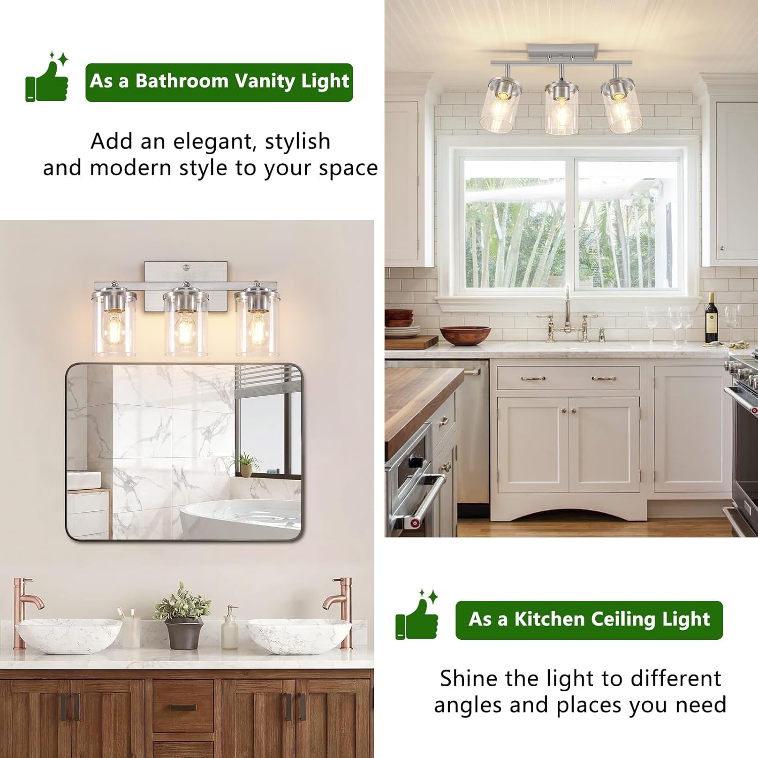 3-Light Track Lighting Brushed Nickel Semi Flush Mount Ceiling Light with Clear Glass Shades Multi-Directional Track Spotlights for Kitchen Hallway Bathroom, Bulb Not Included