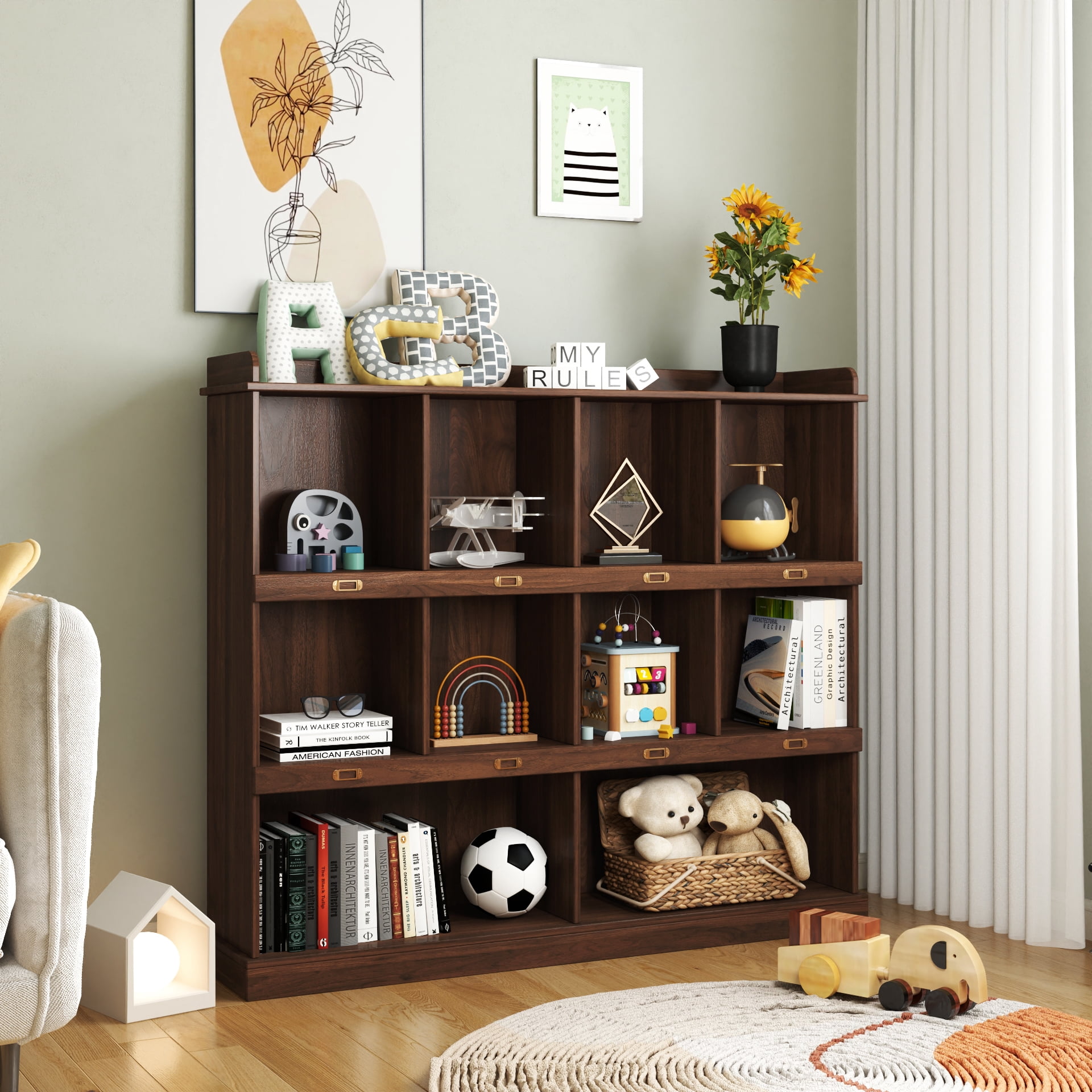 Bookcase, 10 Open Shelves Storage Unit with Melamine Finish, for Books Decor Collectibles in Living Room Office, Walnut