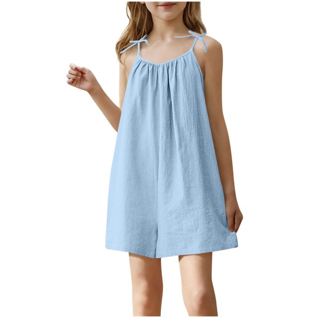 Lenpel Combinaisons d'Été pour Filles Décontractées Sans Manches Col Rond Bretelles Spaghetti Combinaisons Courtes Amples 4-15 Ans