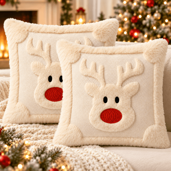 LOMYOLO Christmas Throw Pillow Covers 18x18IN Set of 2, Soft Faux Fur Holiday Decorative Pillow Covers for Couch Sofa Bed 3D Embroidered Couch Cover Home Decor Pillow Covers - Cute Reindeer