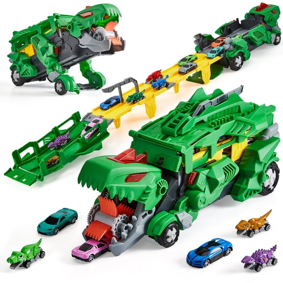 Dinosaur Car Track Set with Transporter Truck and 12 Die-Cast Vehicles, Ejecting Dinosaur Race Track Toy for Children Ages 3-6 Birthday Gift for Boys Girls
