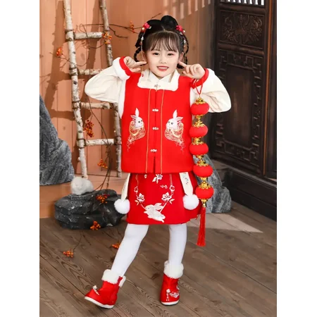 

GEDER-F2Girls Elegant Cute Thick Tang Suit With Fleece Thermal Rabbit Embroidered Top & Tassel Skirt Set For Chinese New Year Party Vintage Chinese Style Hanfu