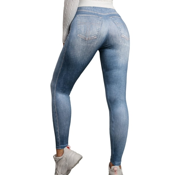 Sexy Dance Women Leggings Elastic Waisted Fake Jeans High Waist Faux Denim  Pant Soft Bottoms Skinny Jeggings Blue M
