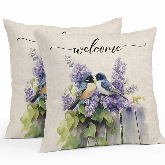 Outdoor Pillow Covers Pack of 2, Blue Bird Lavender Leaves on Linen Waterproof Throw Pillowcase Cushion Cases, Watercolor Flower Decorative Pillow Cover for Couch Sofa Home Bed Patio