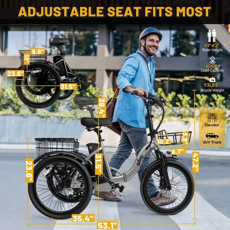 Qlife Electric Folding Tricycle for Adults - 750W Motor, 468Wh Battery, Step-Thru- Black
