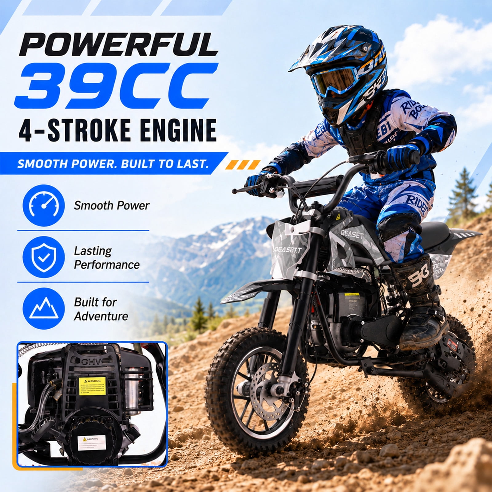QEASET 39CC Dirt Bike, Mini Bike 4-Stroke Gas Powered off Road with Max Speed 20MPH, Pull Start