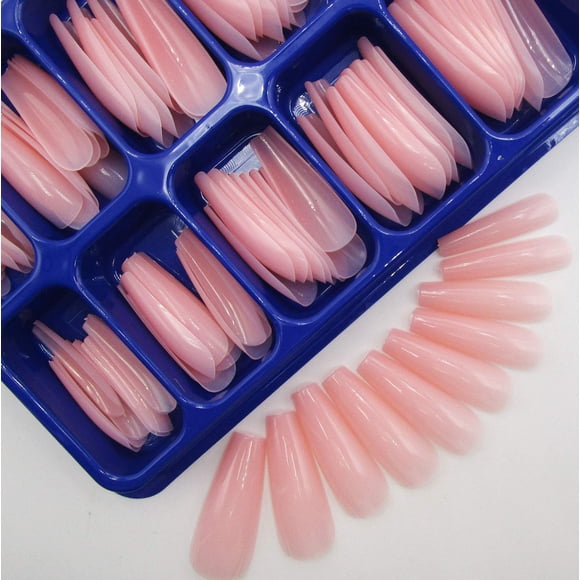 100 uñas postizas de ataúd largas de colores, puntas acrílicas artificiales, forma de bailarina, color rosa desnudo, prensa en uñas postizas, manicura, decoración de uñas para mujeres y niñas (desnuda