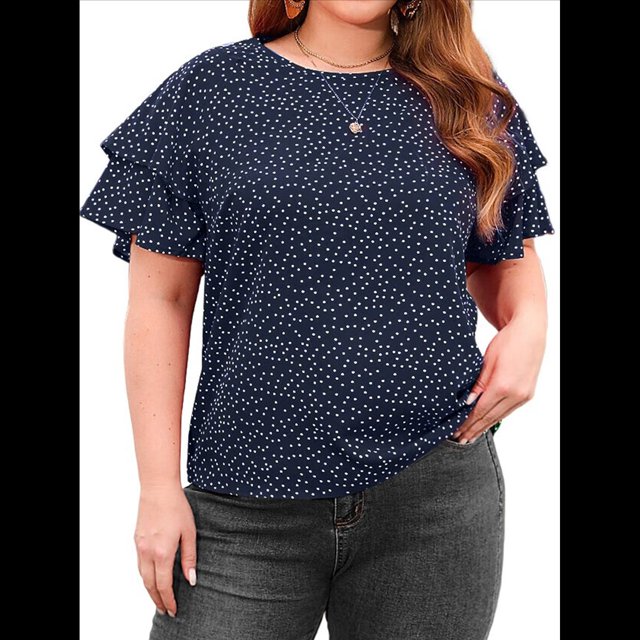 Camiseta Holgada de Cuello Redondo con Lunares y Corta con Volantes para Mujer, Talla Grande Azul XL