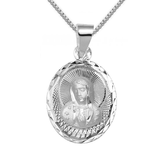 925 Sterling Silver Necklace w/ Our Lady of Guadalupe Oval-Shaped Pendant Charm