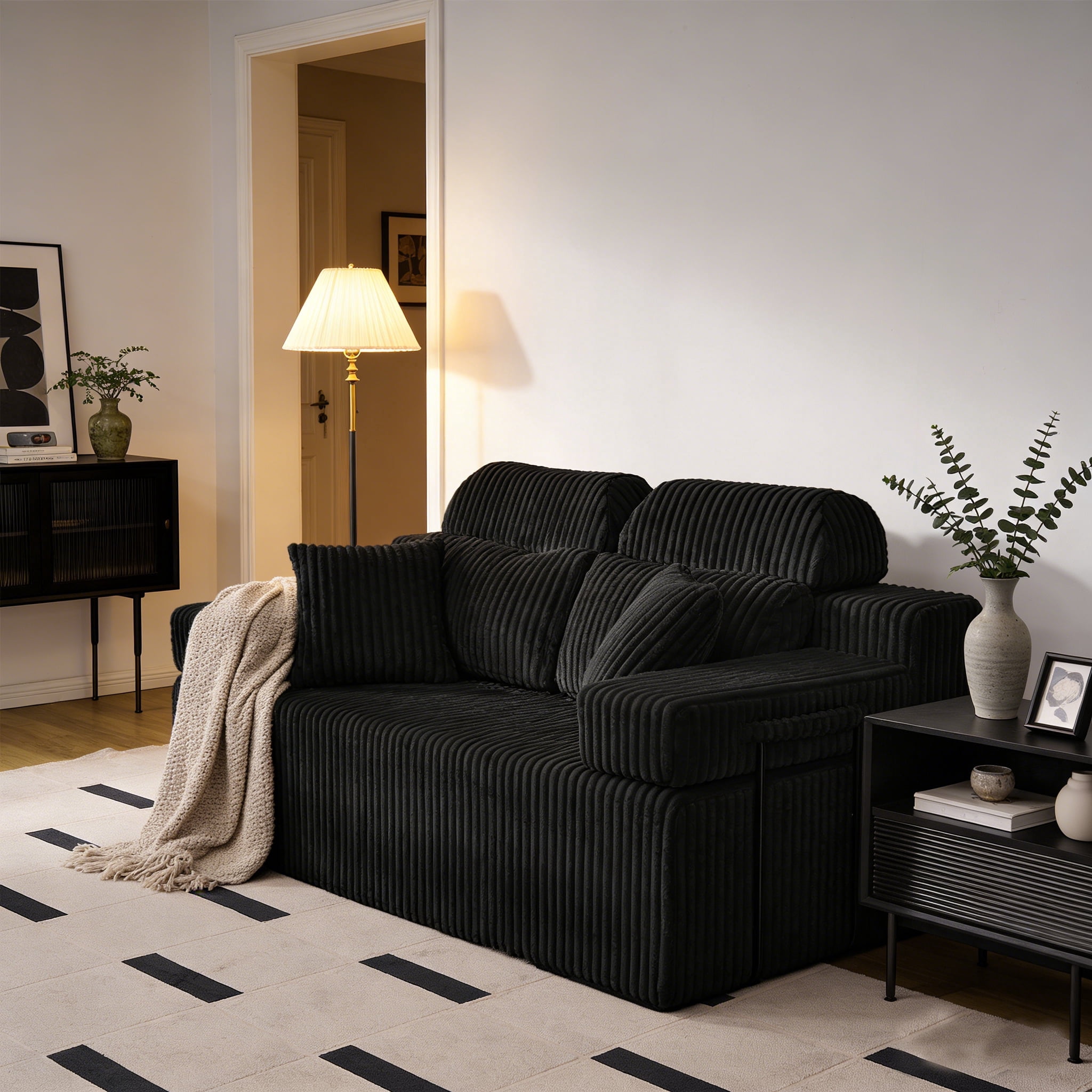 71" High Backrest Sofa for Small Spaces, Compressed Corduroy Couch with Deep Seating for Living Room, Bedroom, Black