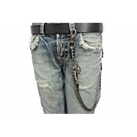 Antique Key Charm - Men Key Chain Skull Horn Spike Charm Leather Antique Silver Metal Wallet Chain