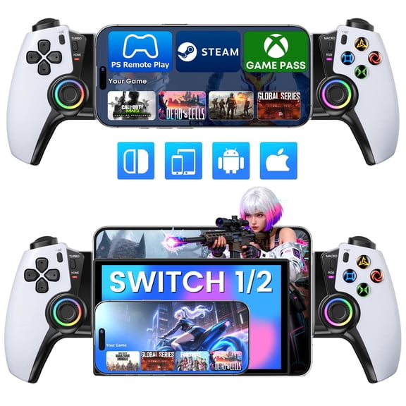 EUROA Phone Controller for iPhone/Android/Switch 2/1/OLED, Mobile Controller with Hall Effect Joysticks&Triggers, Programmable,Turbo & RGB Light