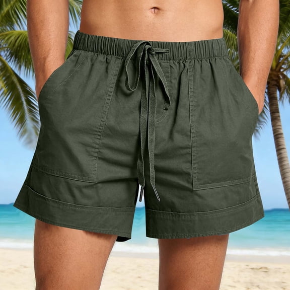 Kojanyu Men's Solid Color Linen-Style Cotton Beach Shorts with Multi Pockets Elastic Waist Drawstring Summer Casual Vacation Pants S-4XL