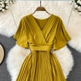 thumbnail image 2 of YM YOUMU Women Faux Wrap V Neck Flutter Short Sleeve Tie Waist Elegant Pleated Midi Flowy Party Dress, 2 of 3