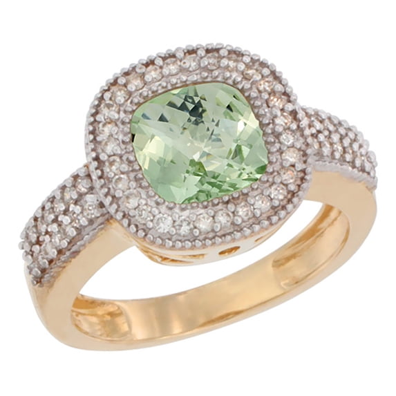 14K Yellow Gold Natural Green Amethyst Ring Cushion-cut 7x7mm Diamond Accent, size 10