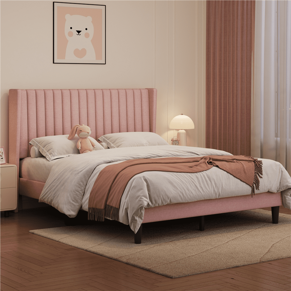 Renwick Upholstered Platform Bed Frame with Channel Tufted Headboard, Queen, Pink
