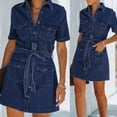 thumbnail image 2 of Bescita Women Dress Casual Turndown Neck Denim Long Party Dresses Short Sleeve Swing Dress, 2 of 6