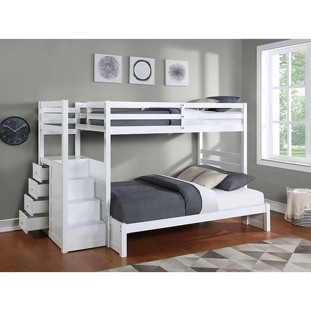 JLG Twin over Double Bunk Bed, Left-Hand Staircase with Extension Kit (White)