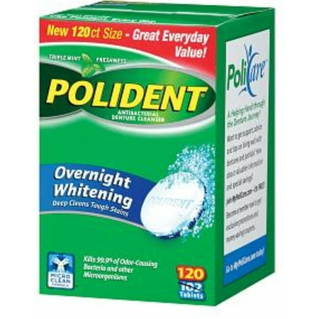 Polident Overnight Whitening, Antibacterial Denture Cleanser, Triple Mint Freshness 120 ea (Pack of 6)