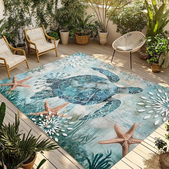 Fsddascl Coastal Sea Turtle Outdoor Rug for Patio/Deck, Non-Slip Large Area Rug 5 x 8 Ft, Teal Nautical Beach Starfish Vintage Indoor Outdoor Rugs Washable Area Rugs, Reversible Camping Rug Carpet