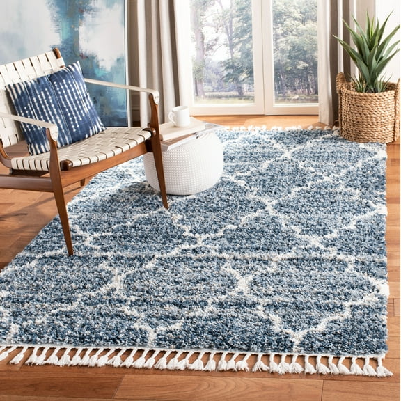 SAFAVIEH Melrose Giffard Geometric Quatrefoil Shag Area Rug, Navy/Ivory, 4' x 6'