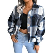 Seyurigaoka Women Juniors Shacket Plaid Wool Jacket, Color Block Lantern Sleeve Lapel Cardigan