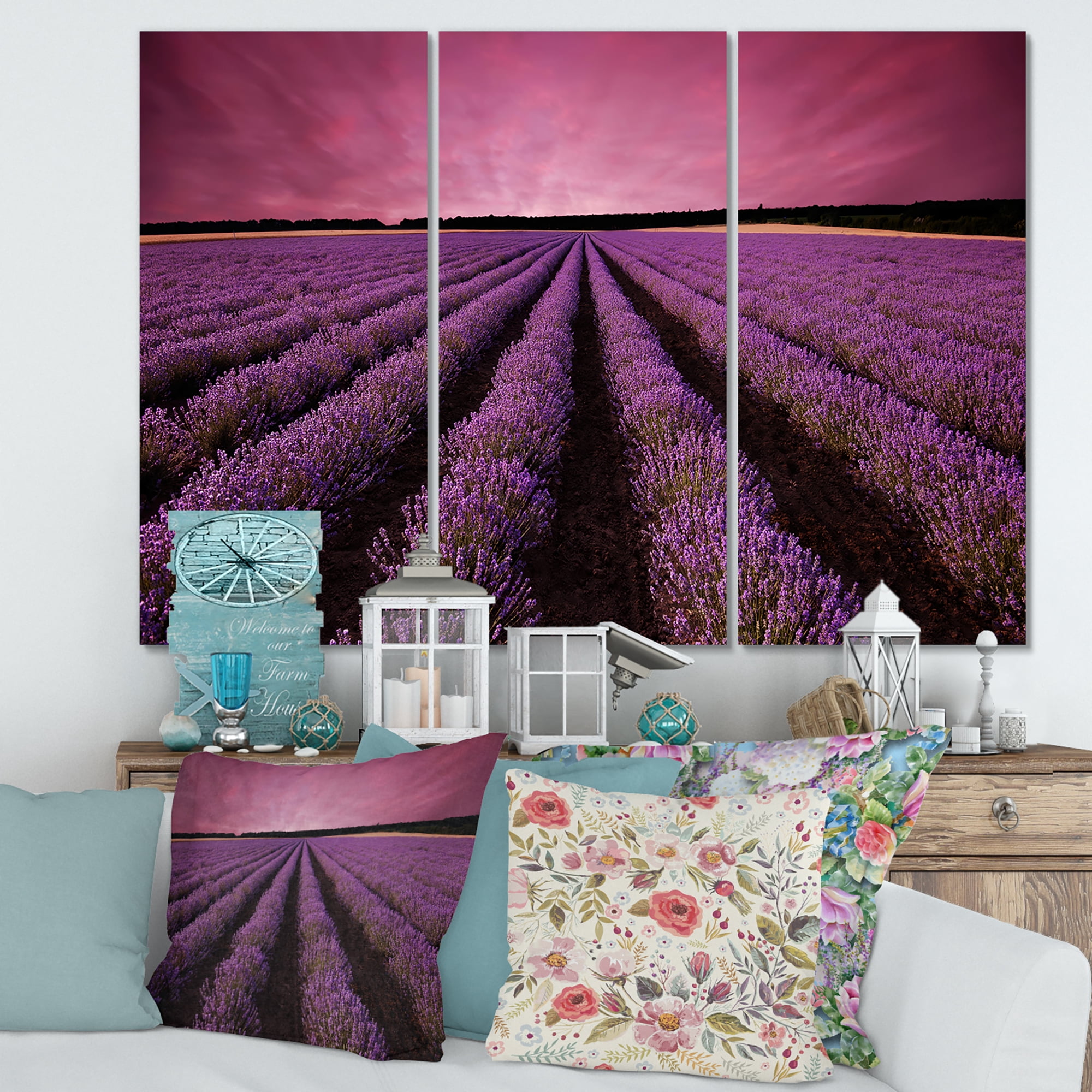 Designart ' Dramatic Clouds and Sunrise Over Lavender Field XI ' Farmhouse Canvas Wall Art Print