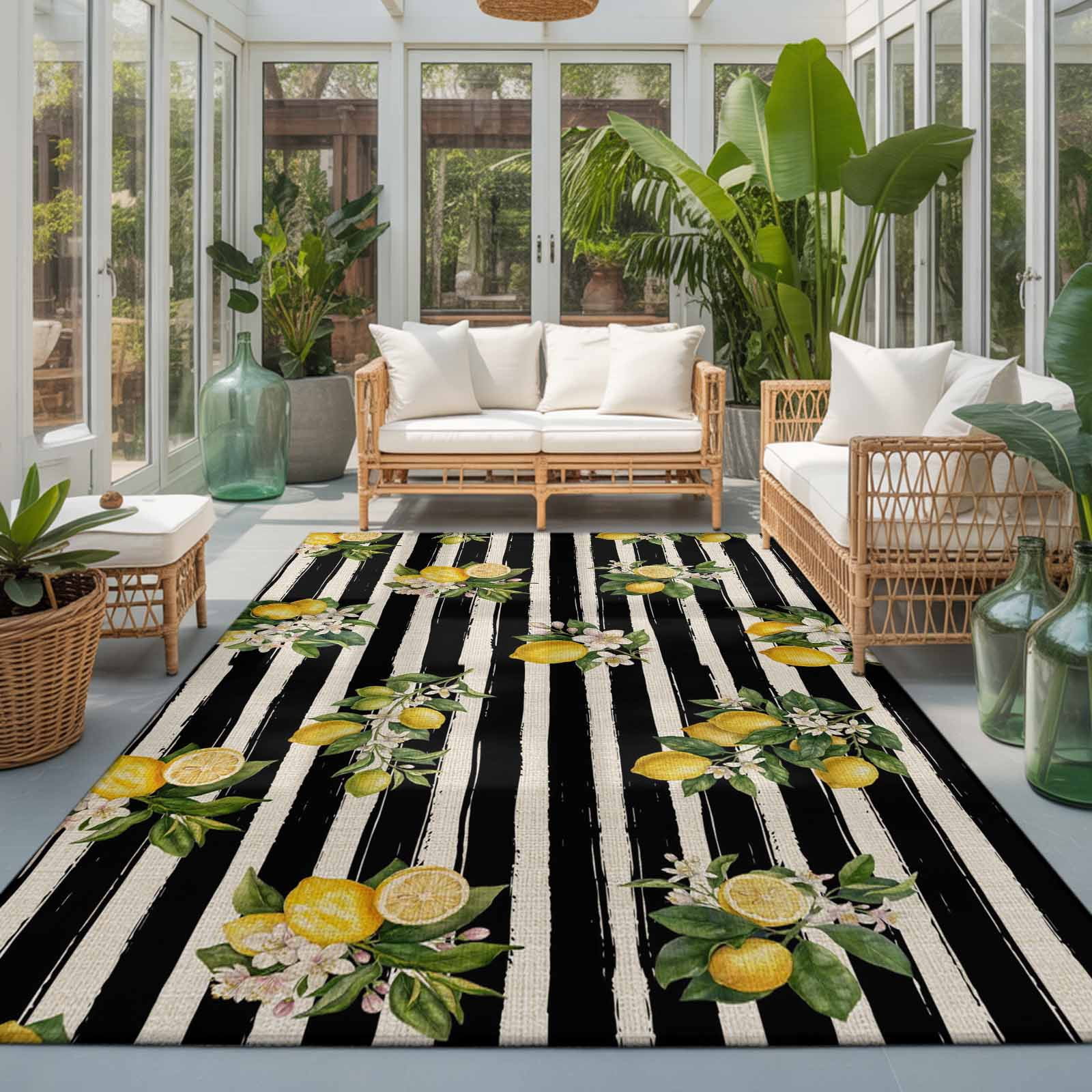 Large Area Rugs 8'x10', Summer Lemons Carpet Runner Indoor Outdoor Rugs Home Decor Aesthetic, Vintage Fruits Flowers Black Striped Non Slip Mats Washable Accent Rug for Living Room Bedroom