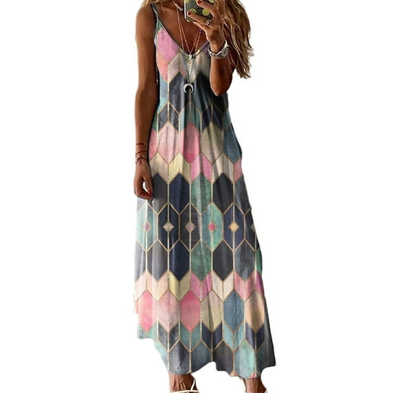 Glookwis Ladies A-Line Sundress Comfy Strappy Dresses Bohemian Casual Maxi Dress V Neck Geometric Print