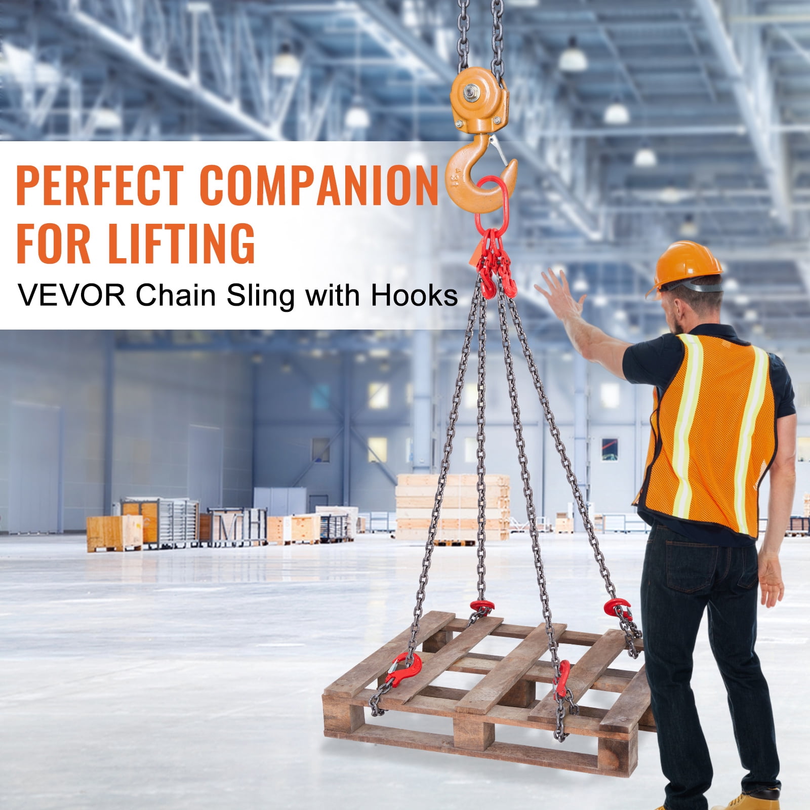 KFFKFF Chain Sling, 5/16 inch x 5 ft Lifting Chains with Hooks, G80 Engine Chain Hoist Lifts, 11000 lbs/5 Ton Lifting Sling Chains for Engine Hoist, Engine Lift Chain with 4 Leg Grab Hooks