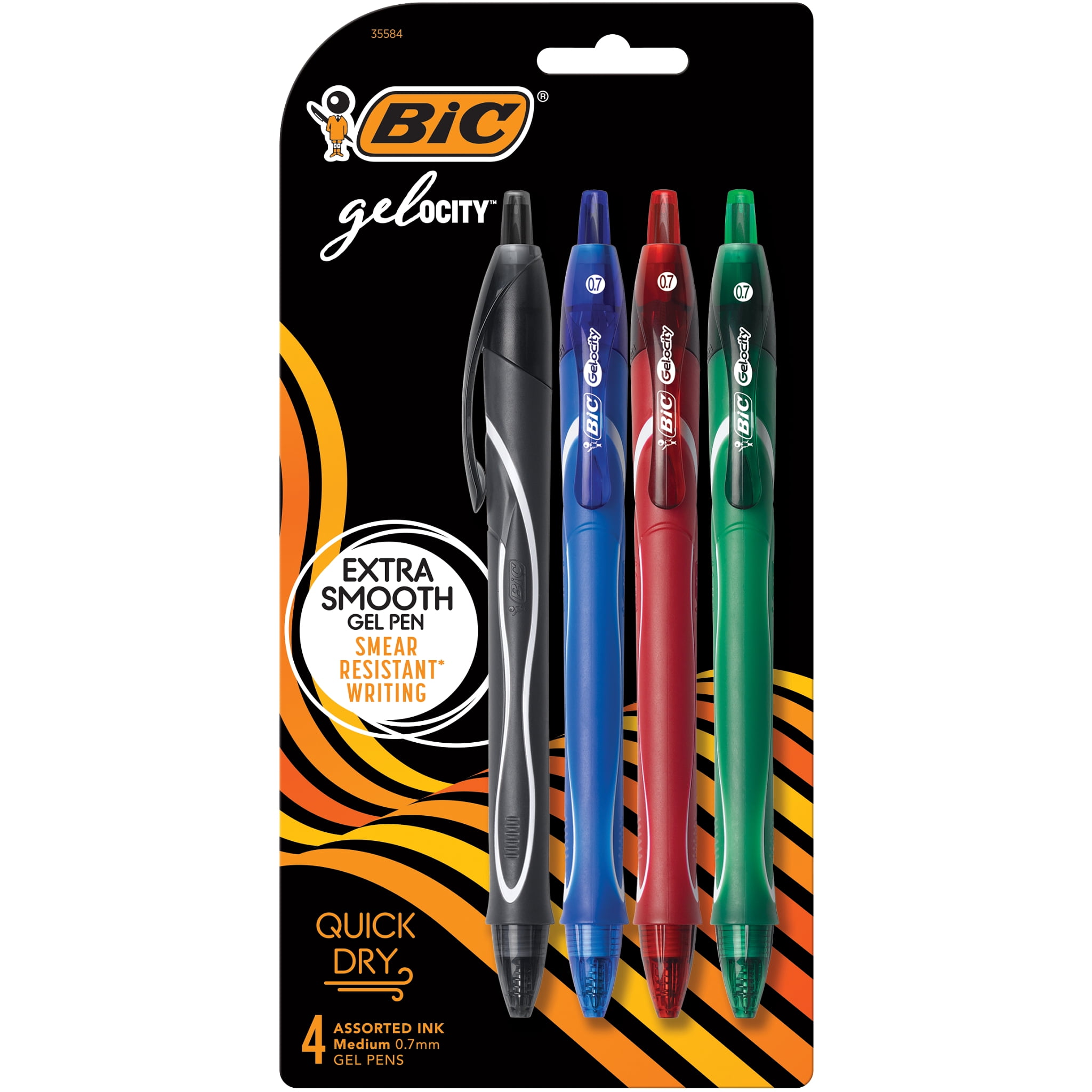 BIC Gelocity Quick Dry Retractable Gel Pen, Medium Point (0.7 mm), Assorted Colors, 4 Count