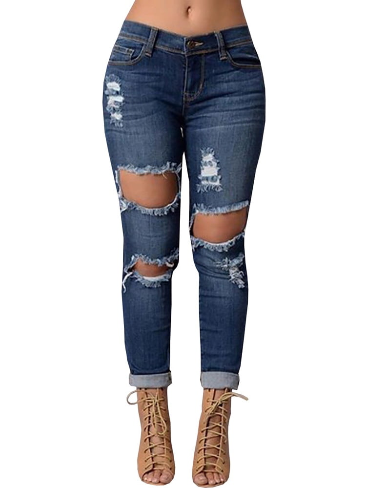 Sysea Blue Washed Ripped Jeans For Women Skinny Pencil Pants