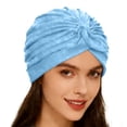 thumbnail image 2 of Pleated Velvet Turban Hat for Women - Soft Stretchy Pre-Tied Head Wrap with Top Knot, Solid Color Headscarf for Daily Wear, Chemo, or Sleep Sky Blue, 2 of 4