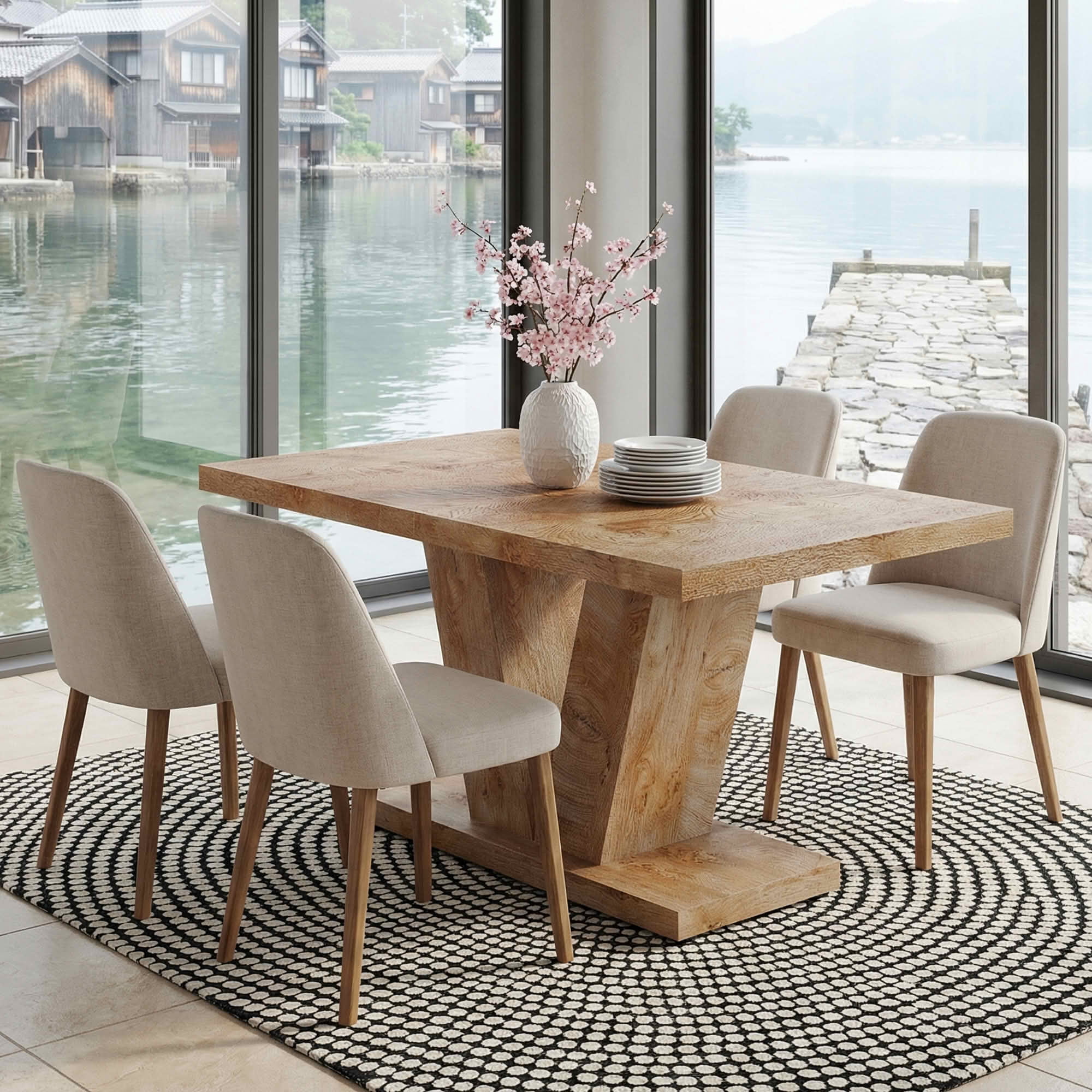 MAYEERTY 47 Inch Farmhouse Dining Table, Rectangular Kitchen Dinner Table with Heavy Duty Triangular Pedestal Base for 4 to 6 People