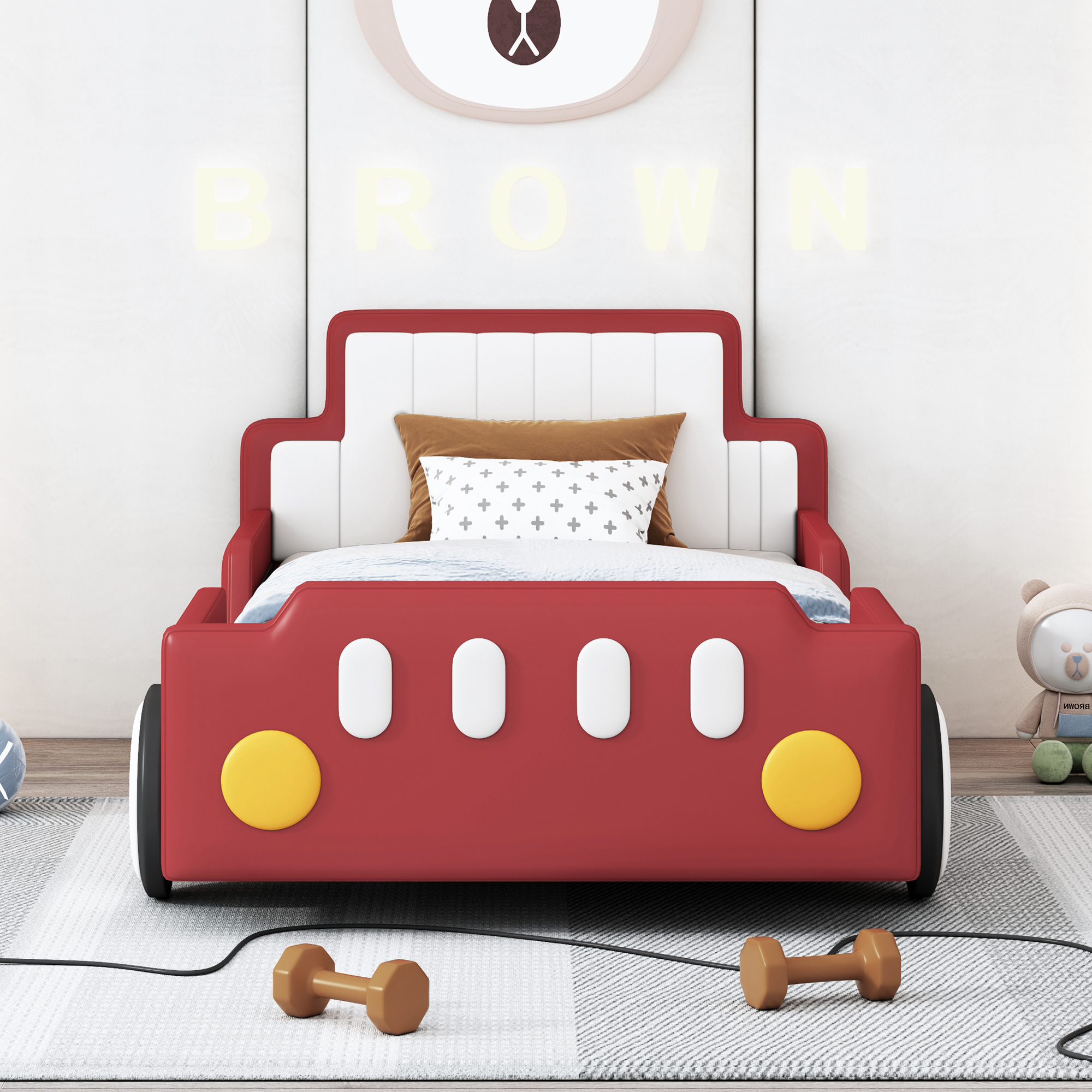 Daatumm Twin Racing Platform Bed with Dynamic Speed Accents & Rolling Wheels - Vibrant Yellow Upholstered Bed Frame for Immersive Playrooms & Themed Bedrooms