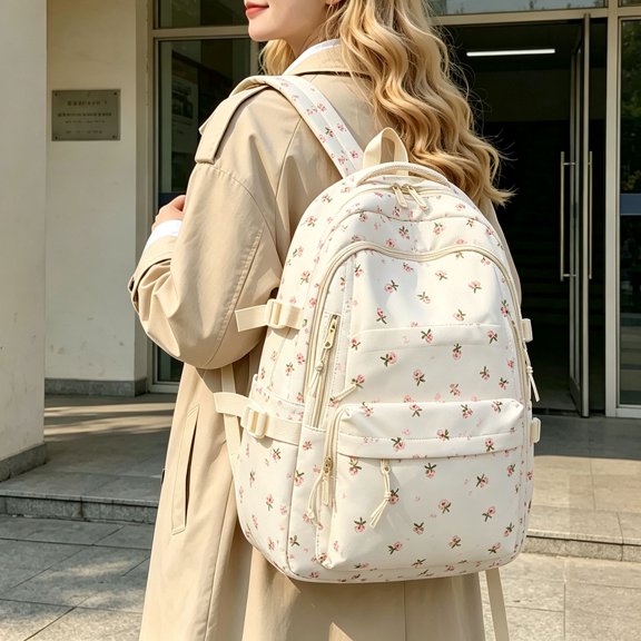 1PC Cute Cherry Backpack for Women, Large Capacity Bookbag with Bear Pendant & Laptop Compartment, Travel Daypack