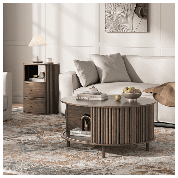 JOINICE Coffee Table Sets 2 Pieces, Wood Living Room Table Set Include 31.5" Round Coffee Table, Fluted End Table, Walnut