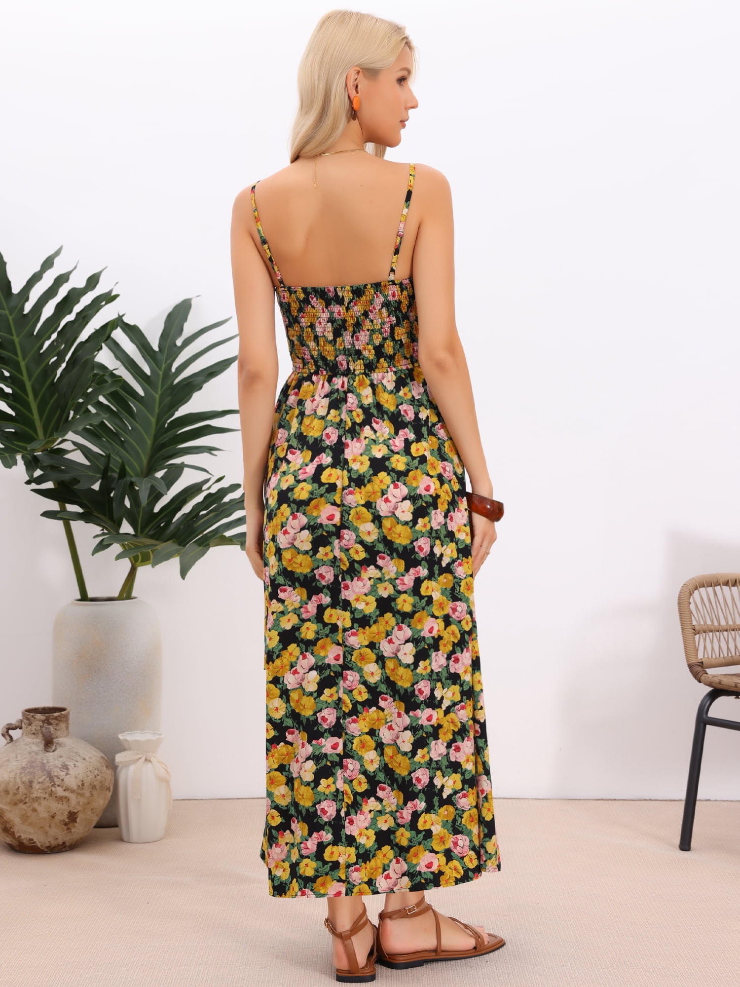 DARING DIVA Women's Boho Floral Maxi Spaghetti Strap V-Neck Sundress XS Black Yellow