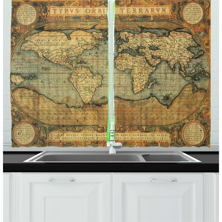 - World Map Curtains 2 Panels Set, Ancient Old Chart Vintage Reproduction of 16th Century Atlas Print, Window Drapes for Living Room Bedroom, 55W X 39L Inches, Sand Brown Slate Blue, by Ambesonne