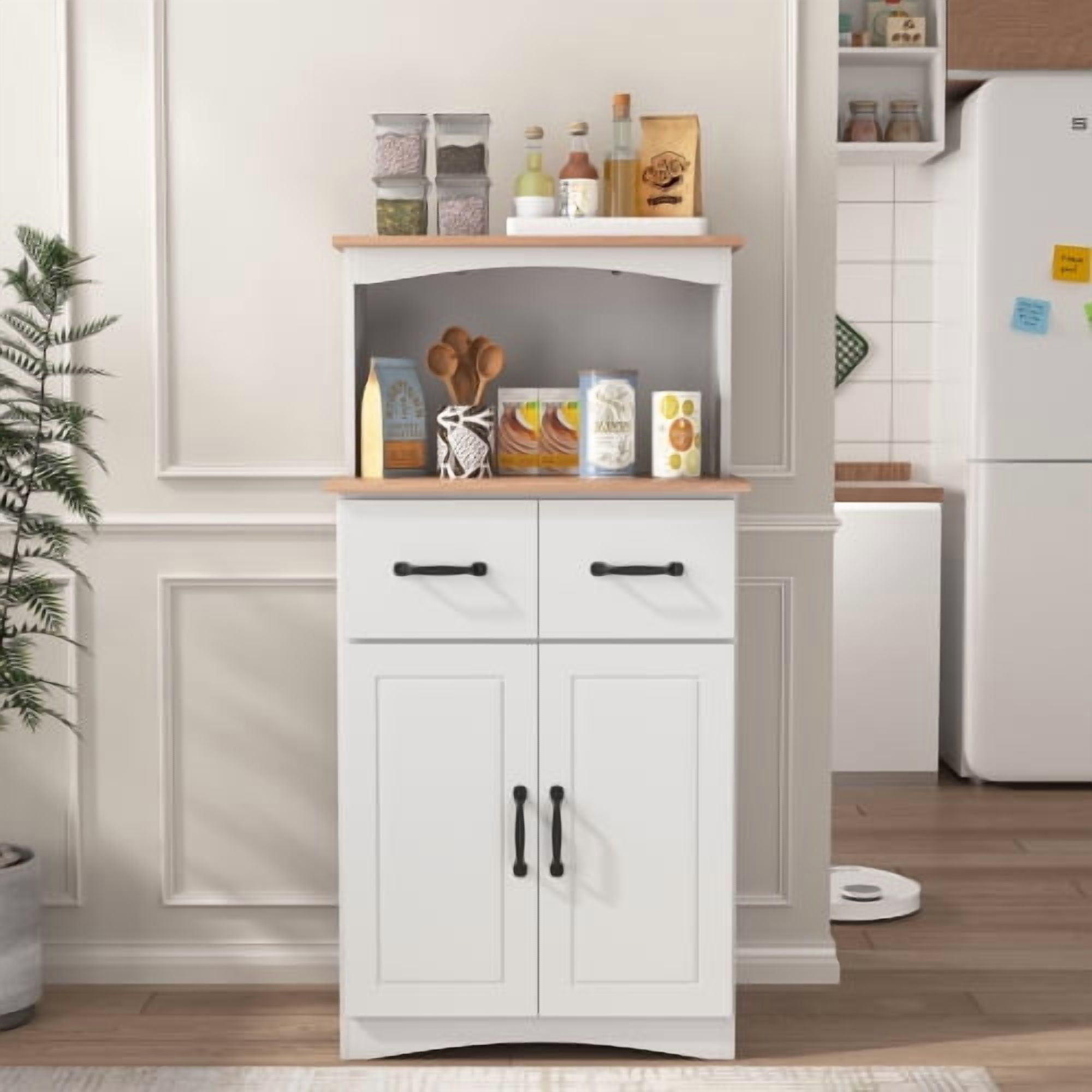 Transform Your Kitchen with Wooden Pantry Cabinet – Modern Storage Hutch with Glass Doors, Drawers & Microwave Shelf – Adjustable Shelves, Anti-Topple, Spacious Organization for Home & Apartment