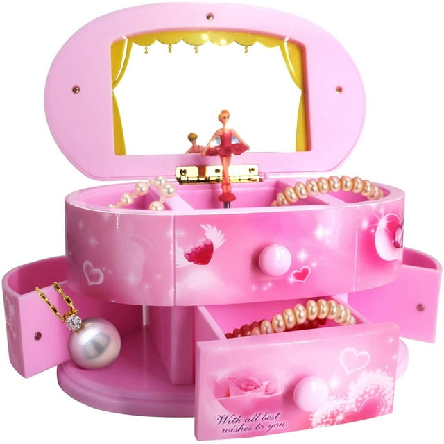 Musical Jewelry Box,Girl's Musical Jewelry Storage Box with Drawer and Dancing Ballerina Makeup Mirror Music Box Jewelry Storage Music Box for Kids Children (Pink)
