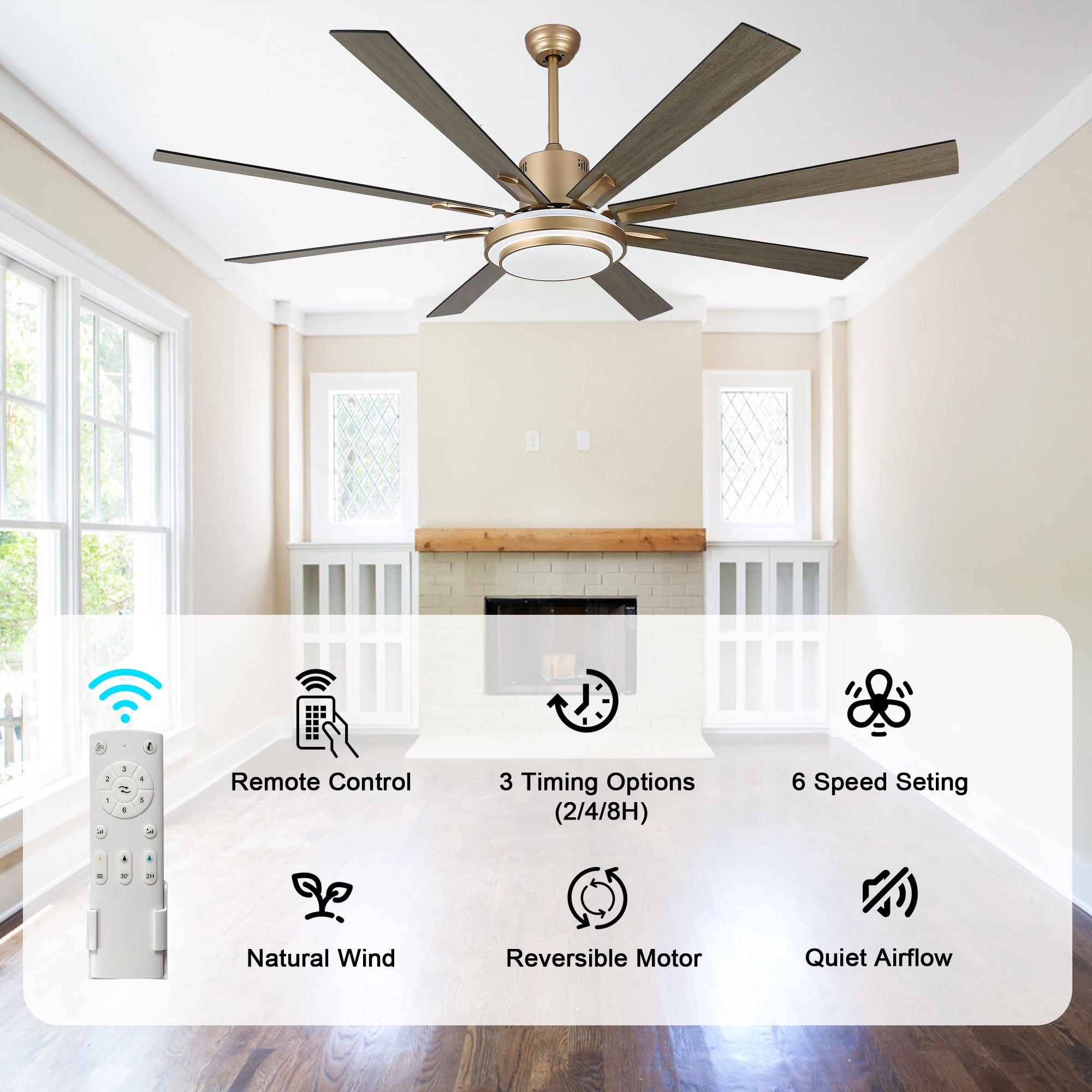 Bella Depot 72" Modern LED Gold Ceiling Fan 6-Speed Reversible Chandelier With Dimmable Light and Remote Control