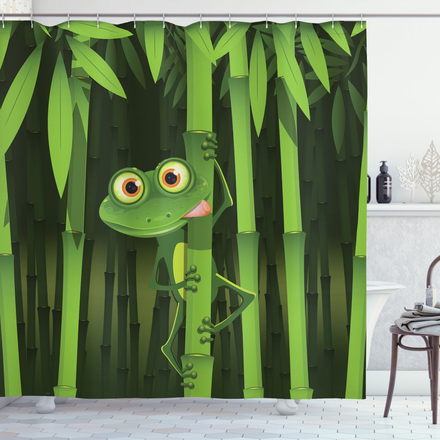 Green Jungle Frogs Flowers Scenery Waterproof Fabric Shower Curtain Set 72x72" 