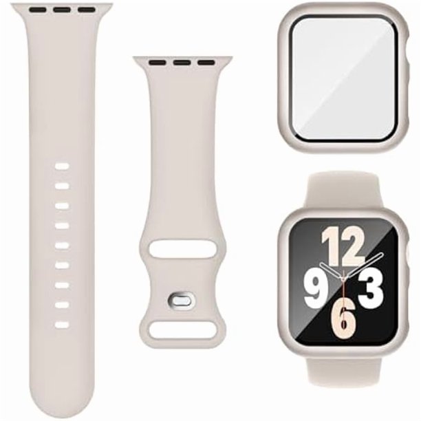 Chenchen 3-in-1 Compatible for Apple Watch Straps 40mm with Case & Screen Protector, Silicone Sport Strap and Protective Cover with 9H Tempered Glass for iWatch Series 6/5/4/SE3, Starlight